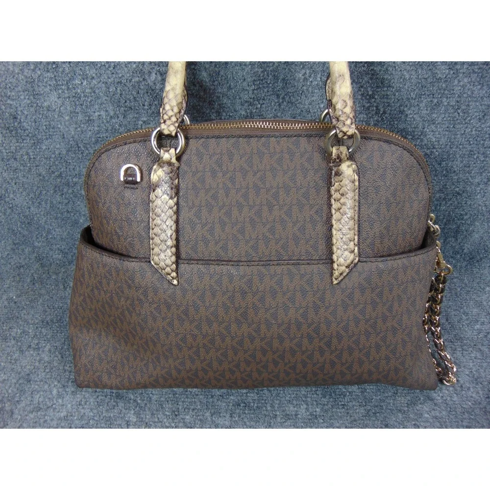 Michael‎ Kors Sheila Satchel Brown Monogram Snakeskin Trim 30F0GHUS3B Large
